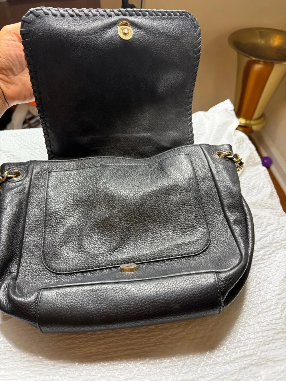 Tory Burch Black Pebbled Leather Chain-Shoulder Flap Bag